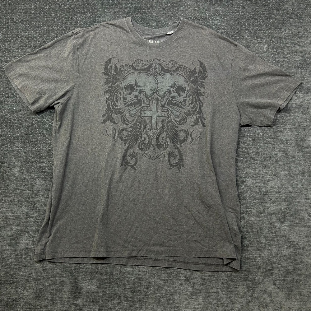True Nation T-Shirt Men 2XL Gray Good Double Skulls Cross Biker Graphic Tee